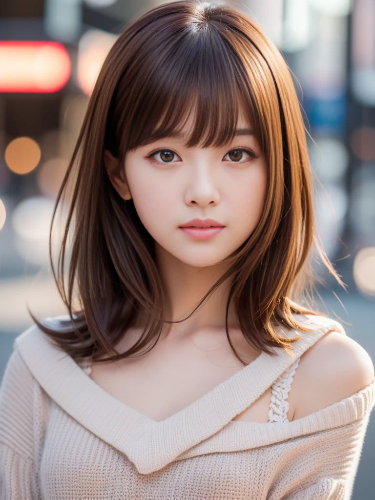 Ultra-high resolution, Superior Quality, Highest quality, Super detailed, Realistic, 8k, RAW Photos, Highest quality, masterpiece, Attractive girl, A wonderful girl, Brown Hair, Shoulder-length layered, Asymmetrical bangs, K-Pop Idols, Sophisticated, stylish, White knit, Shibuya Ward,