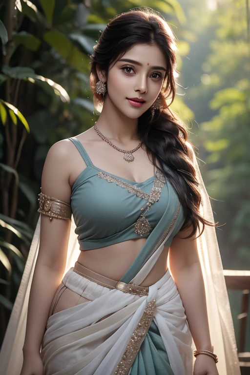 30 year old indian woman, wearing Saree, long braid hair, mountain forest, ultra realistic, realism, cute, charming, dusk time, sunset, medium height, big eyes, tattooed hands, sexy, ambient lighting, lens flare, god rays, perfect anatomy, detailed body and face, 8k, 36dd, 8k, cannon 5d,