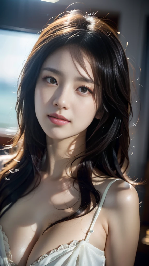 Korean girl, beautiful, sexy, most beautiful face, long hair, blemished eyes, big breasts, beautiful, white, white skin, high quality, realistic, bigc background.