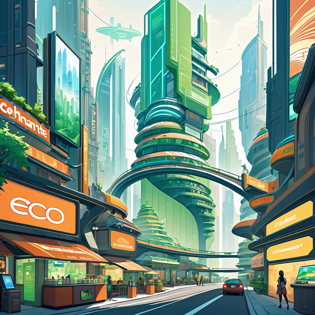 Hotel in the heights, colhante restaurant in Ecofuturist City, futuristic city, big city full of skyscrapers and holohradic screens, advertising posters, eco City, green City.