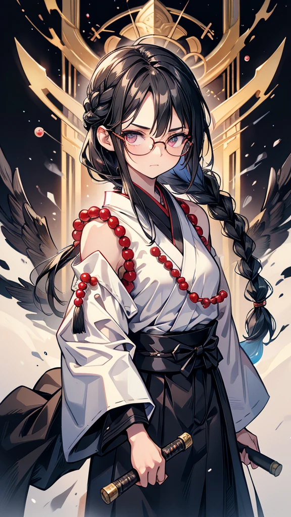 mature　Braid on right shoulder　Black Hair　expensive　Narrow eyes　Glasses　Expressionless　Glare　frivolous attitude　Japanese priest　Void Priest　Staff　Prayer beads　battlefield