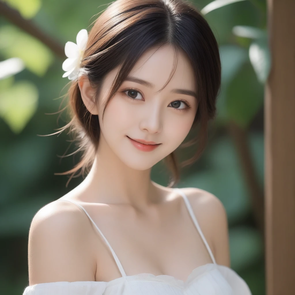 8K, Ultra-high resolution, best quality, masterpiece, Rule of thirds photoy,超Reality主义, photo, 1 girl, (:1.3), pretty girl, Cute face, Beautiful eyes in every detail, 細かくdetailedに,masterpiece,, A girl:1.2, Japanese female announcer, ((Bare shoulders)), ((Hit your knee)), ((Standing and walking)), ((Elegant and charming gesture)), ((close up)), 一名头发上戴着鲜花的女子的photo, Reality, beauty的日本模特, 伝統的なbeauty, Japanese Girls, CG station news,Black bun, Cute and delicate face, beauty的女孩, beauty的年轻女子解剖学上正确,Looking at the audience、beauty,Long Neck、Smile、Please close your mouth and smile、(((Ideal body shape))),A cup small breasts :2,whole body、Perfect anatomical structure、鮮明なdetailed、detailed、超Reality主义、Light and Shadow,glare