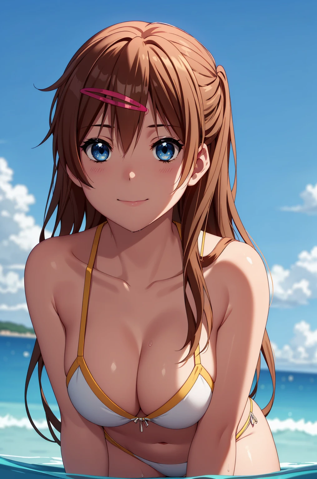 ((masterpiece, Highest quality, High resolution, uhd, Pixel perfect, Depth of written boundary, 4K, RTX, HDR)), 1 Girl, single, alone, 24-years-old, Anime Girls, Beautiful art style, anime character, ((Parted bangs, Brown Hair)), (blue eyes、Round eyes, Delicate eyelashes、Beautiful eyelashes, Perfect Eyes), (Detailed face:1.2), (Smooth texture:0.75, Realistic texture:0.65, Realistic:1.2, Cinematic, Anime CG Style), Perfect body、Moderately good breasts:1.7、bikini:1.8、Visible from the thighs:1.9、Wet、Water Drop、Splash、nsfw、visible from below、Pause、smile、night:1.8、Bra shoulder straps:1.8、Ocean:1.8、