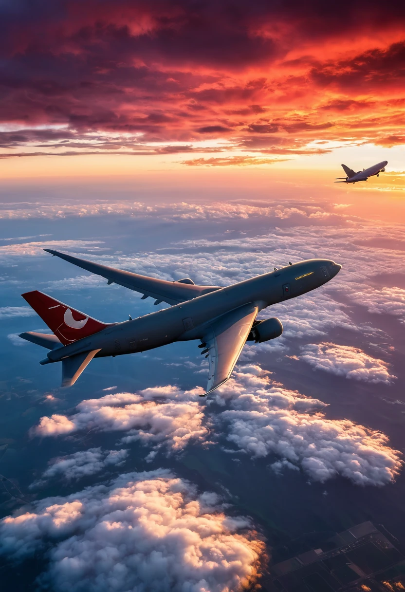 8K quality, ultra-high definition realism, at dusk, over Japan, a Japan Air Self-Defense Force KC-46A aerial refueling transport aircraft and an F-35A fighter jet are connected by a refueling cable, looking up at the two aircraft from below, with crimson clouds dyed by the setting sun in the background.