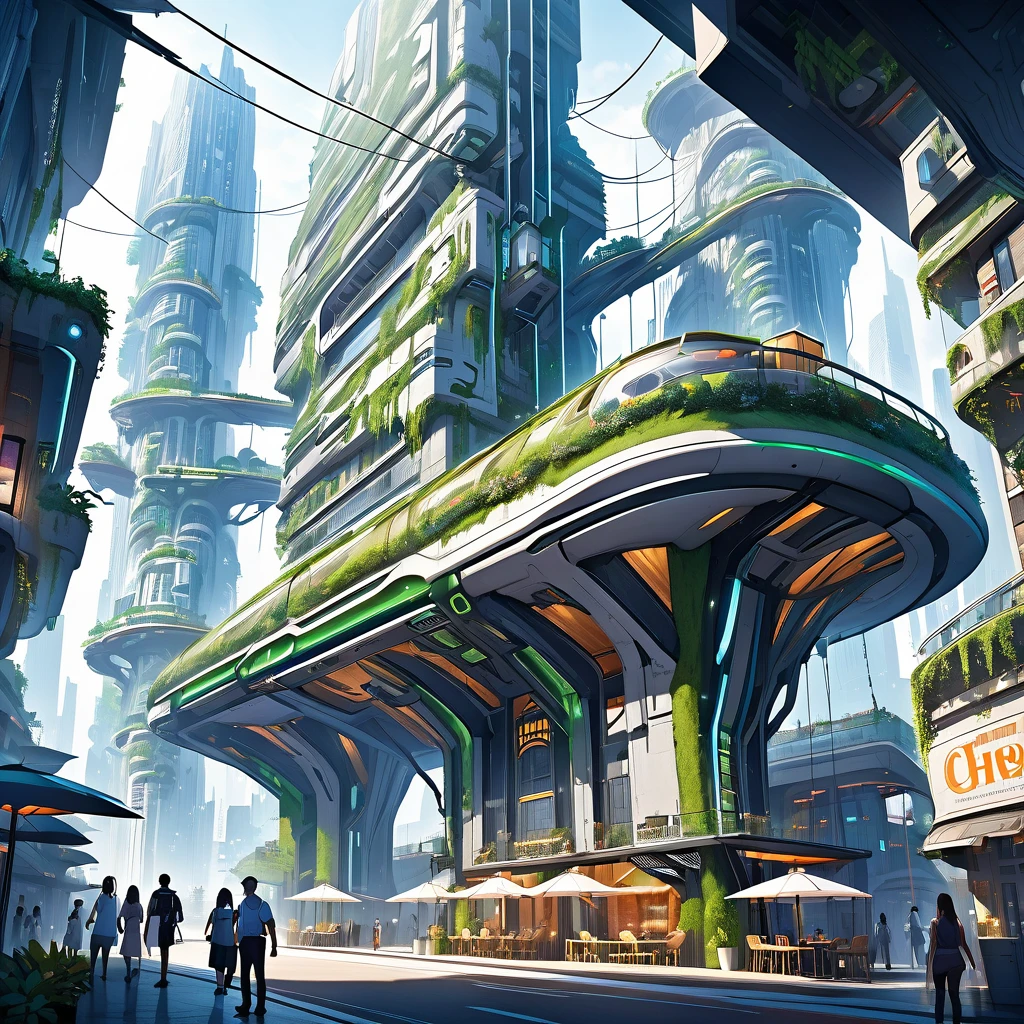 Hotel in the heights, hanging restaurant in ecofuturistic city, futuristic city.