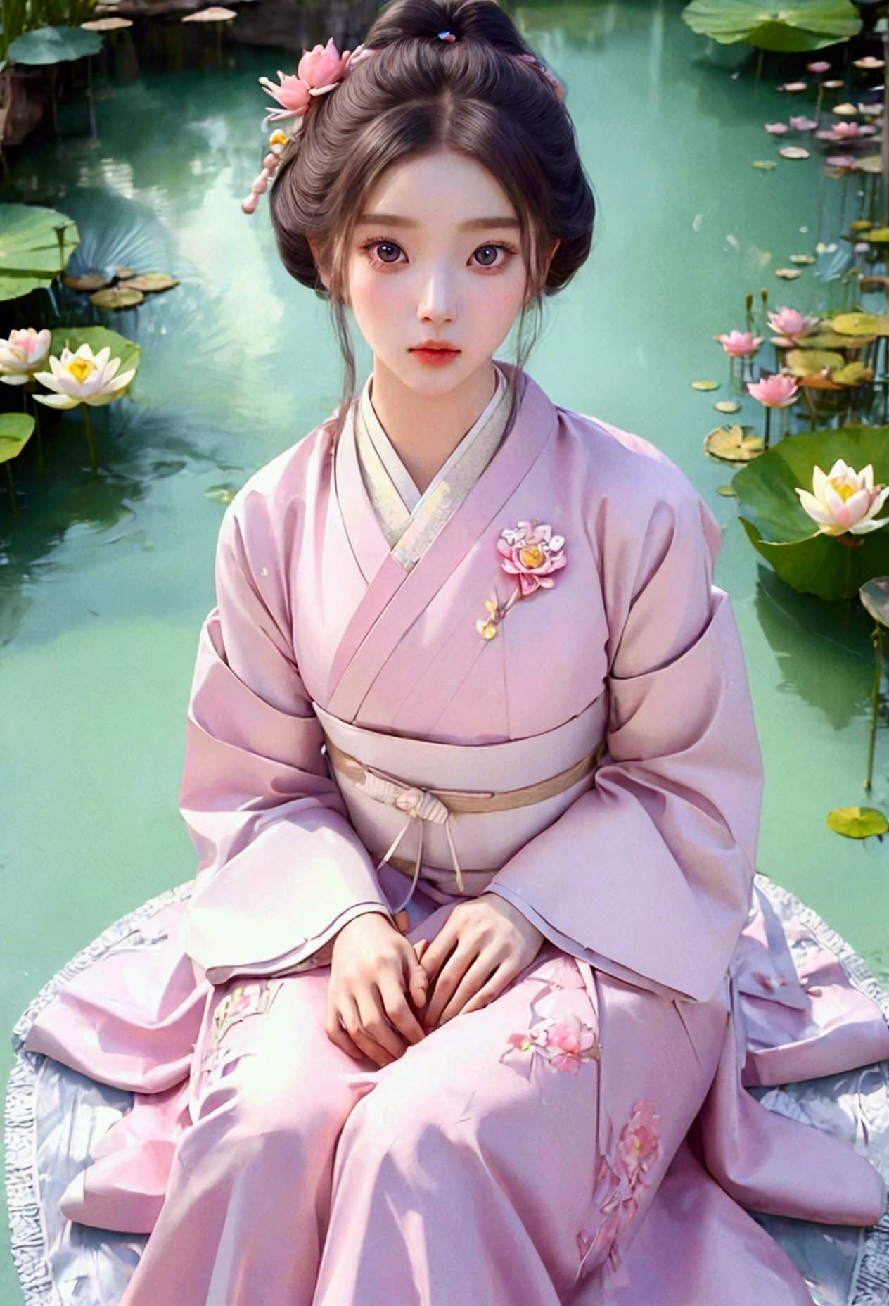 (Pastel pink Korean traditional costume_Hanbok jeogori, Hanbok skirt: 1.2, Fine details), (Lotus, Detail of 16 year old girl sitting on the pond), Simple line drawing, Masterpiece, Intricate details, Highly detailed, Realistic, (Beautifully detailed eyes: 1.2), (Beautifully detailed lips: 1.2), Highly detailed face and eyes, Long eyelashes, (Realistic: 1.37), (Best quality, 4k, 8k, High resolution, Masterpiece: 1.2), Highly detailed, (Vivid colors: 1.2), Dramatic lighting