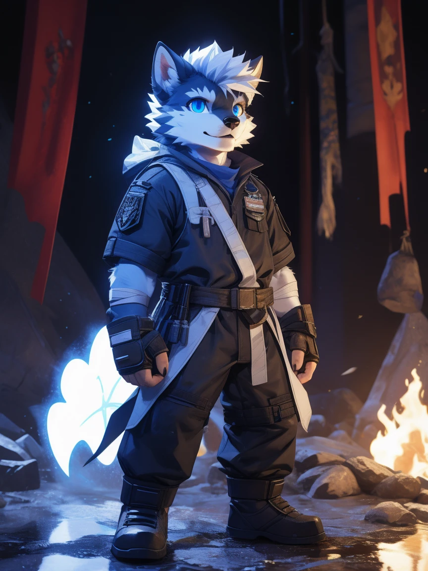 New Jersey 5 Furry,Beast field,Full body portrait,anthropology,Hi,real,juvenile,Strong,Adventure suits,Fingerless gloves,adventurer,White Wolf,Pure white hair,There is a diamond-shaped mark on the forehead,Fluffy hair,Bandage leggings,blue eyes,Delicate eyes,Exquisite eyes,Extremely high detail,8K HD characters,optimistic and cheerful,Fighting Stance,Golden dot of light