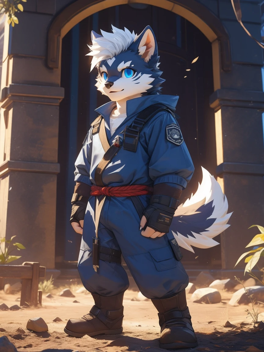 New Jersey 5 Furry,Beast field,Full body portrait,anthropology,Hi,real,juvenile,Strong,Adventure suits,Fingerless gloves,adventurer,White Wolf,Pure white hair,There is a diamond-shaped mark on the forehead,Fluffy hair,Bandage leggings,blue eyes,Delicate eyes,Exquisite eyes,Extremely high detail,8K HD characters,optimistic and cheerful,Fighting Stance,Golden dot of light