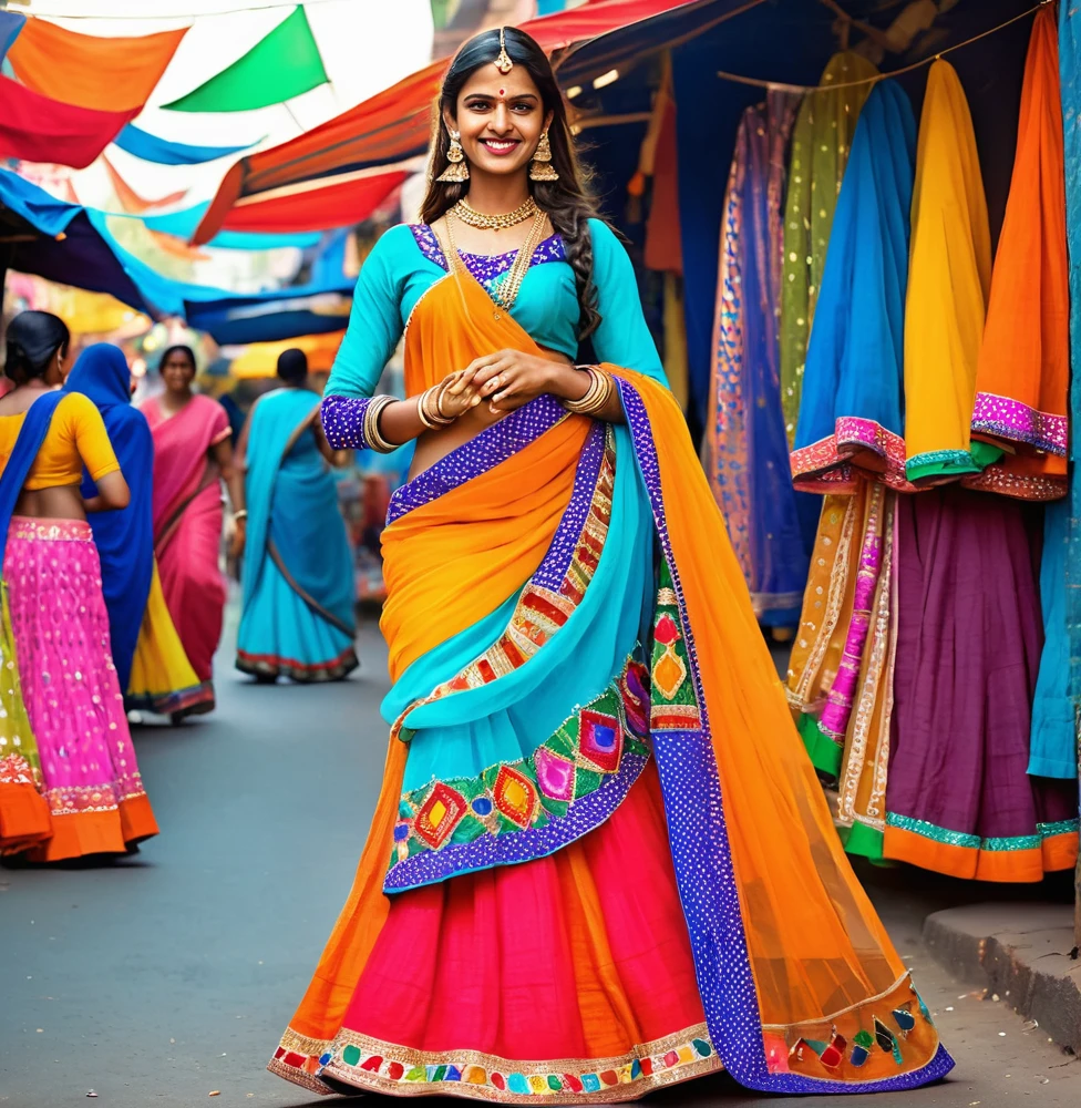 26 years old North Indian lady in classic India attire, dressed in a vibrant lehenga choli with elaborate mirror work and colorful embroidery, set against the backdrop of a bustling market street with vivid textiles and lively stalls, the atmosphere is festive and energetic, radiating joy and cultural vibrancy, Illustration, watercolor painting with vibrant hues to capture the lively ambiance,