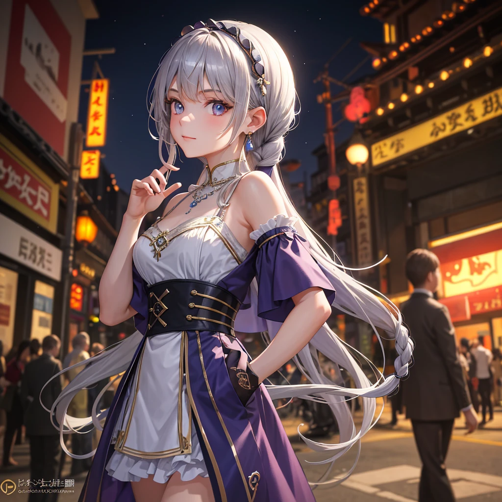 masterpiece, best quality, Ultra-high resolution,Photon Mapping,Best shadow,portrait,Beautiful details,Ultra-high detail,Purple long hair,Single Braid,Bangs,Medium breasts,City,Chinatown,city center,see through, Short skirt, Low-cut:2, Hair accessories, earrings, necklace, portrait, Silver dress:2, Looking at the audience,Solitary,Professional lighting, Delicate skin,