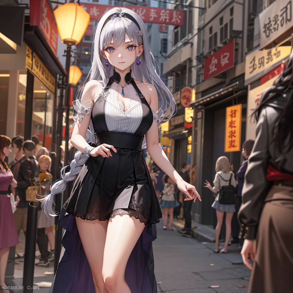 masterpiece, best quality, Ultra-high resolution,Photon Mapping,Best shadow,portrait,Beautiful details,Ultra-high detail,Purple long hair,Single Braid,Bangs,Medium breasts,City,Chinatown,city center,see through, Short skirt, Low-cut:2, Hair accessories, earrings, necklace, portrait, Silver dress:2, Looking at the audience,Solitary,Professional lighting, Delicate skin,