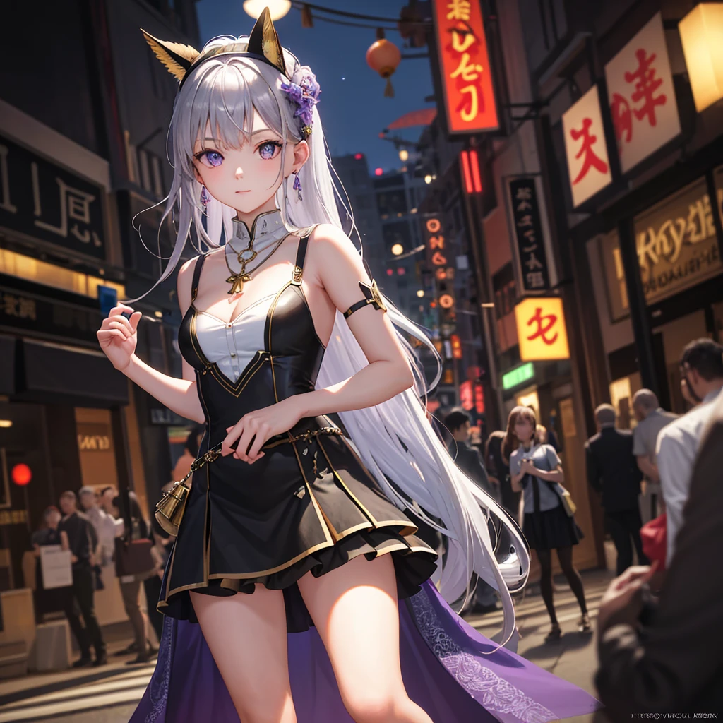 masterpiece, best quality, Ultra-high resolution,Photon Mapping,Best shadow,portrait,Beautiful details,Ultra-high detail,Purple long hair,Single Braid,Bangs,Medium breasts,City,Chinatown,city center,see through, Short skirt, Low-cut:2, Hair accessories, earrings, necklace, portrait, Silver dress:2, Looking at the audience,Solitary,Professional lighting, Delicate skin,
