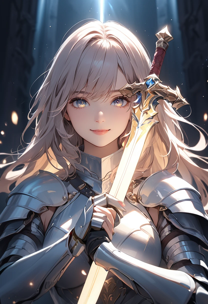 (masterpiece:1.5),(Beat quality),(high res),1girl solo,beautiful face,smile(shining eyes),upper body,light effects,knight woman,Holding a sword in his hand