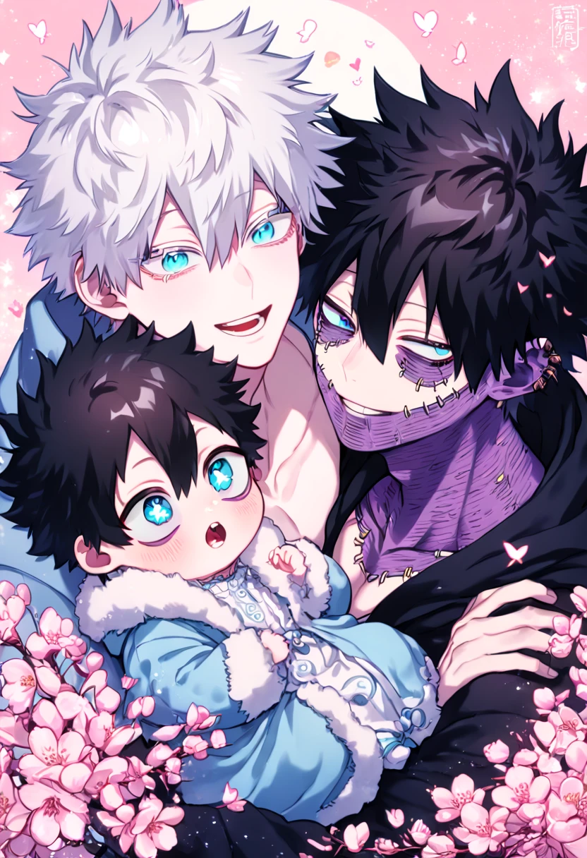 absurdres, highres, ultra detailed, HDR, master piece, best quality, extremely detailed face, delicated features, Dabi, black hair, expressive turquoise eyes, Boku No Hero Academia, Gojou Satoru, white hair, expressive blue eyes, white eyelashes, two sexy men holding a baby, handsome, yaoi, gay couple, family of three, light-blue coat with fur collar, black coat, fantasy, magical, pink butterflies, pink flowers, pink fire, pink cherry blossoms, pink shining moon, radiant starry sky