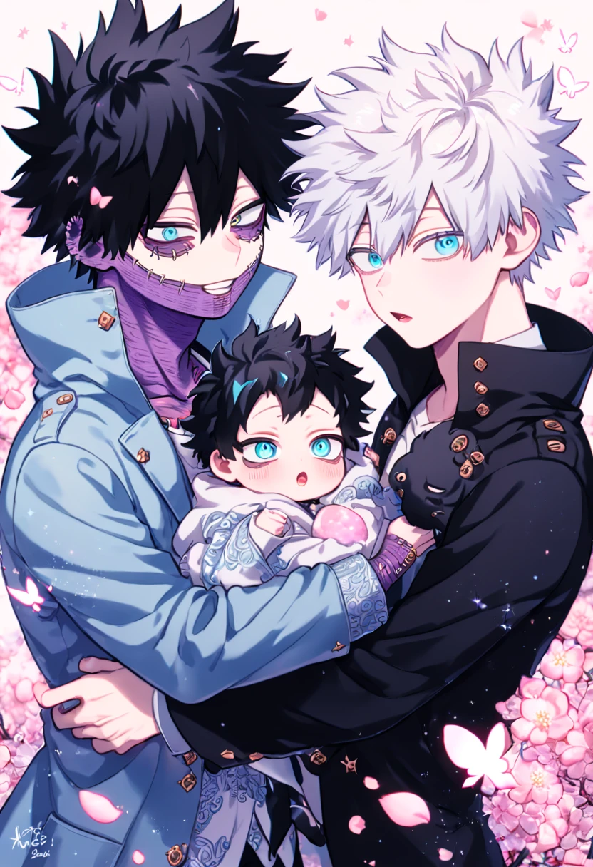 absurdres, highres, ultra detailed, HDR, master piece, best quality, extremely detailed face, delicated features, Dabi, black hair, expressive turquoise eyes, Boku No Hero Academia, Gojou Satoru, white hair, expressive blue eyes, white eyelashes, two sexy men holding a baby, handsome, yaoi, gay couple, family of three, light-blue coat with fur collar, black coat, fantasy, magical, pink butterflies, pink flowers, pink fire, pink cherry blossoms, pink shining moon, radiant starry sky