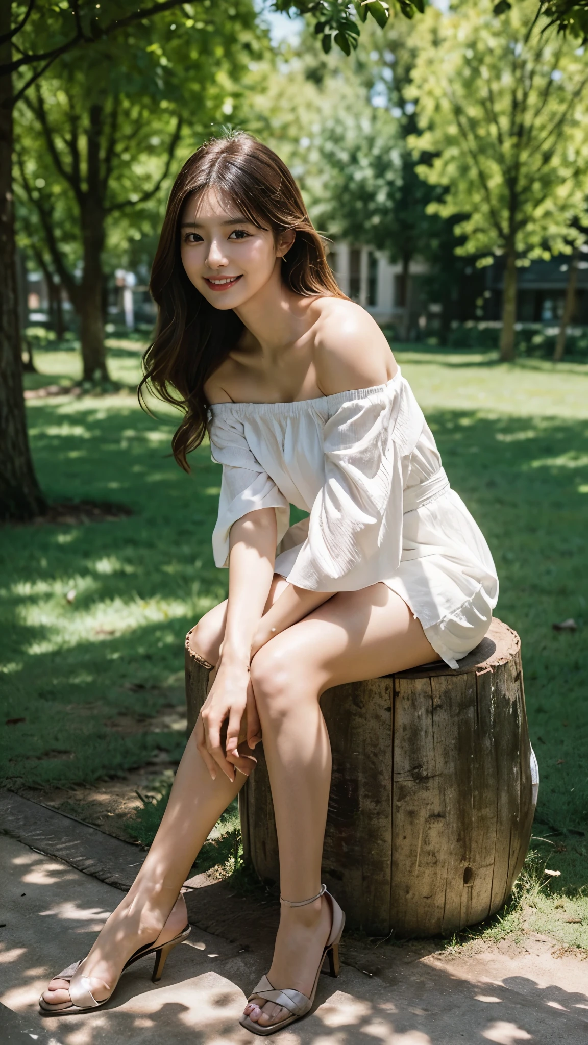 masterpiece, best quality, Full-HD, background photo, photorealistic, portrait, cowboy shot, front view, dutch angle shot, countryside, ((180-degree leg opening)), (Sitting with Knees Up, spread legs :1.3), side, seven-headed person, female, delightful, smiling, looking at viewer, (off shoulder :1.3), dress, glamorous, 20-year-old, at noon, beautiful, cute, full body shot, sunlight, random color, random hair styles, random outfits