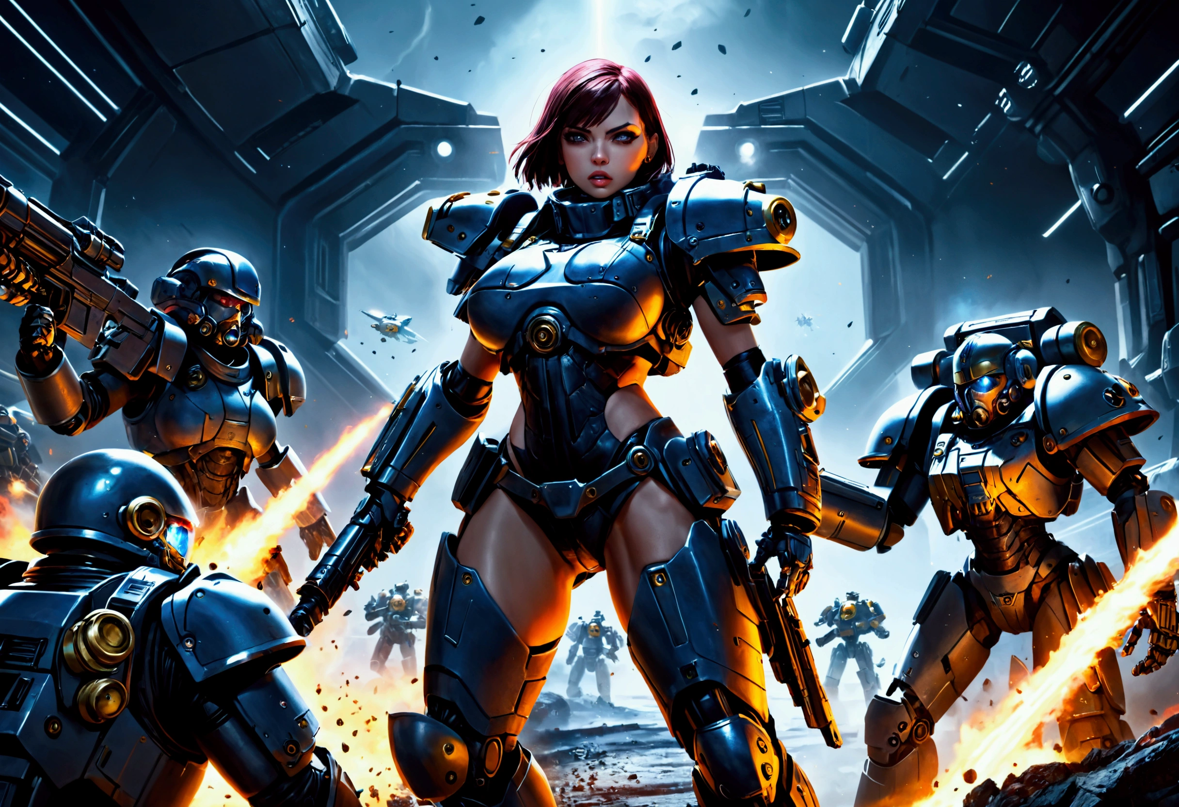 a cybernetic gene cult mutant space pirate army, warhammer 40k style, heavily armed and armored, gritty and dark color palette, advanced technology, (best quality,4k,8k,highres,masterpiece:1.2),ultra-detailed,(realistic,photorealistic,photo-realistic:1.37),cinematic lighting, dramatic angles, imposing and powerful presence, intricate mechanical details, mutated and cybernetic features, futuristic weapons and equipment, battle-hardened and experienced, aggressive poses and expressions, chaotic and dynamic scene, grim dark sci-fi, moody and atmospheric
