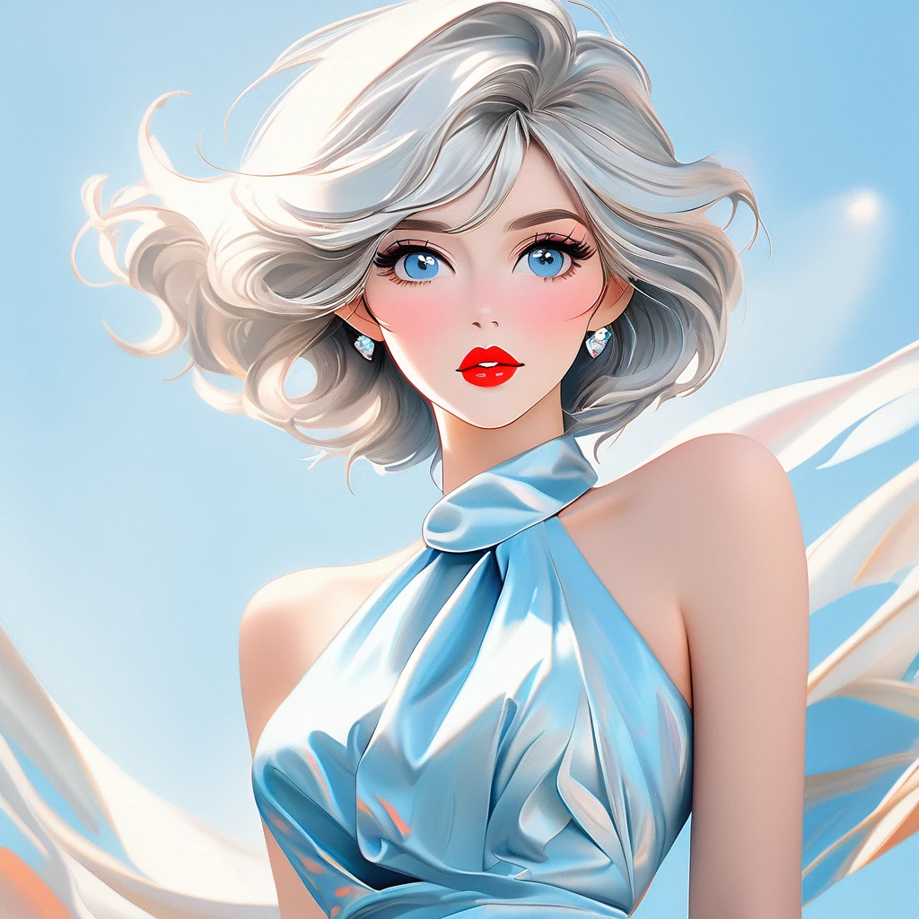 Best quality, pastel color theme, beautiful face and skin, (1 adult female), cleavage, thin face, short hair, windblown, silver hair, (glossy red lips tightly closed), blue topaz eyes, slanted eyes, model pose, full body, wide angle, detailed pattern, loose halter neck sleeveless dress,