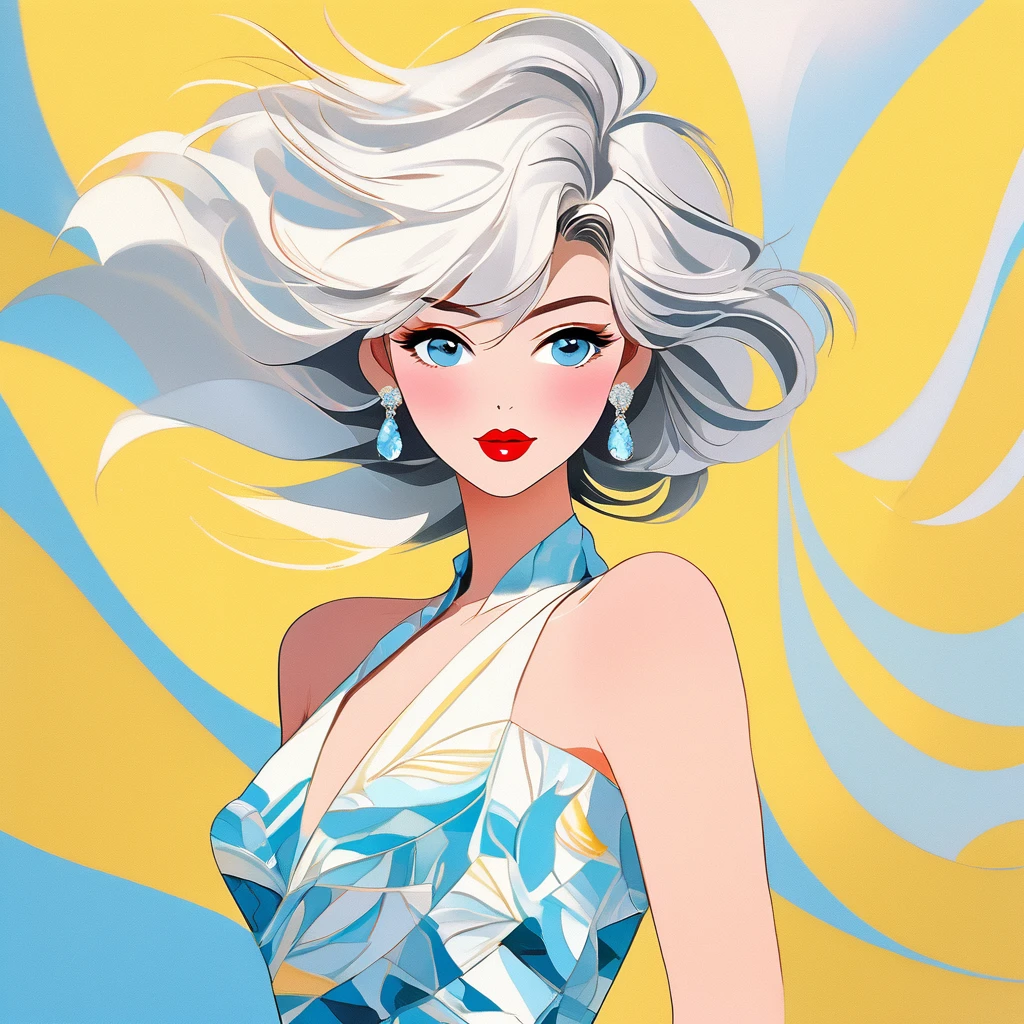 Best quality, pastel color theme, beautiful face and skin, (1 adult female), cleavage, thin face, short hair, windblown, silver hair, (glossy red lips tightly closed), blue topaz eyes, slanted eyes, model pose, full body, wide angle, detailed pattern, loose halter neck sleeveless dress,