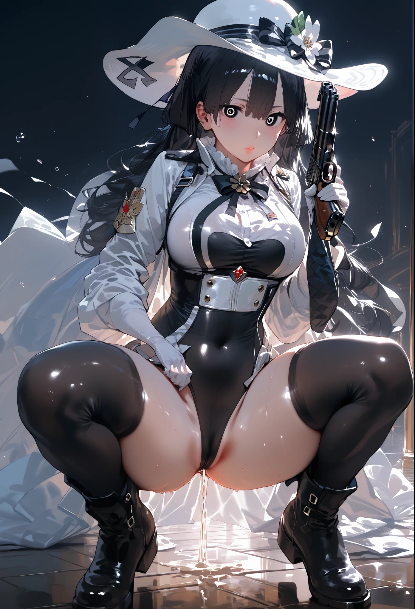 (hews art style:0.7), (hero neisan art style:0.7), score_9, score_8_up, score_7_up, score_6_up, score_5_up, score_4_up, uncensored, shizuka hiratsuka, long hair, black hair, black eyes, BREAK (masterpiece:1.2), best quality, high resolution, (detailed eyes:1.3), perfect lighting, (perfect hands, perfect anatomy), 1girl, breasts, gun, weapon, solo, hat, handgun, boots, bodysuit, huge_breasts, thighs, thick_thighs, red_eyes, gloves, squatting, looking_at_viewer, spread_legs, skin_tight, holding gun