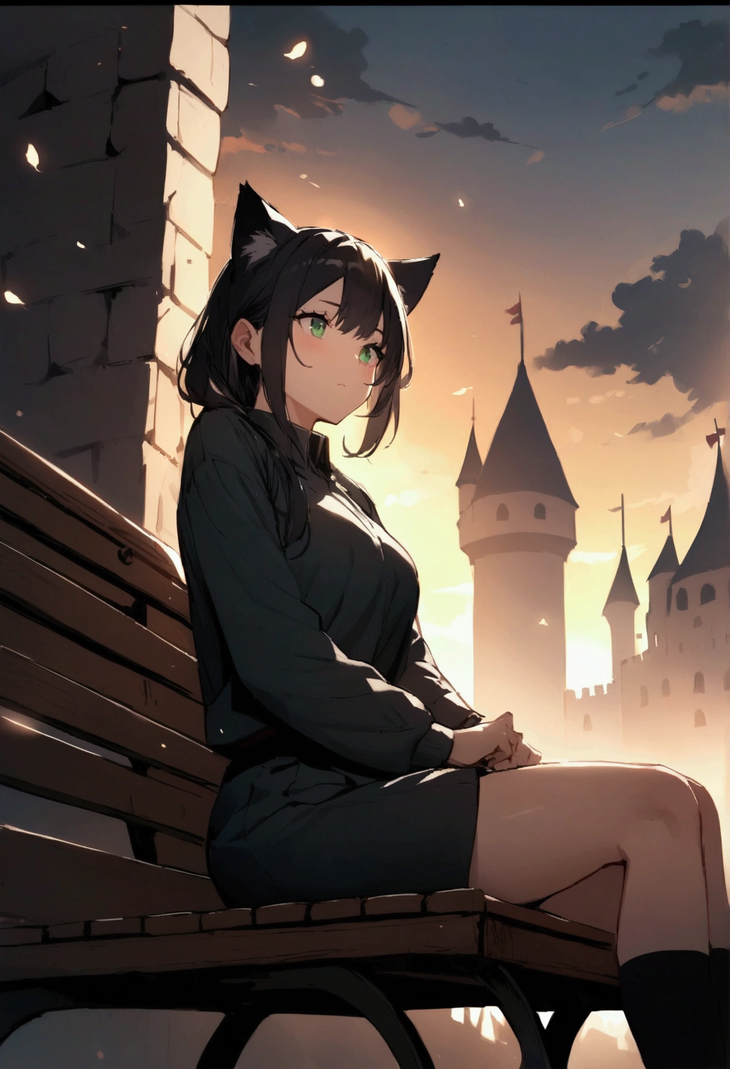 best quality, climax, Cat ears, Black Hair, Castle Background, Green Eyes, Sitting on a bench