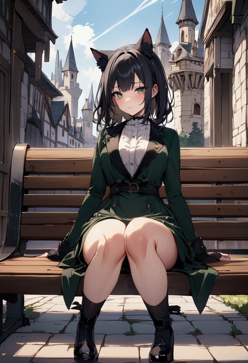 best quality, , Cat ears, Black Hair, Castle Background, Green Eyes, Sitting on a bench