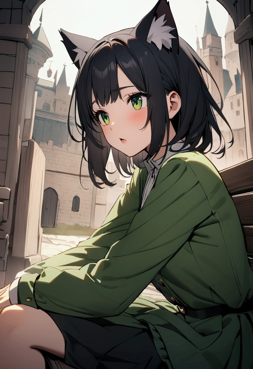 best quality, climax, Cat ears, Black Hair, Castle Background, Green Eyes, Sitting on a bench