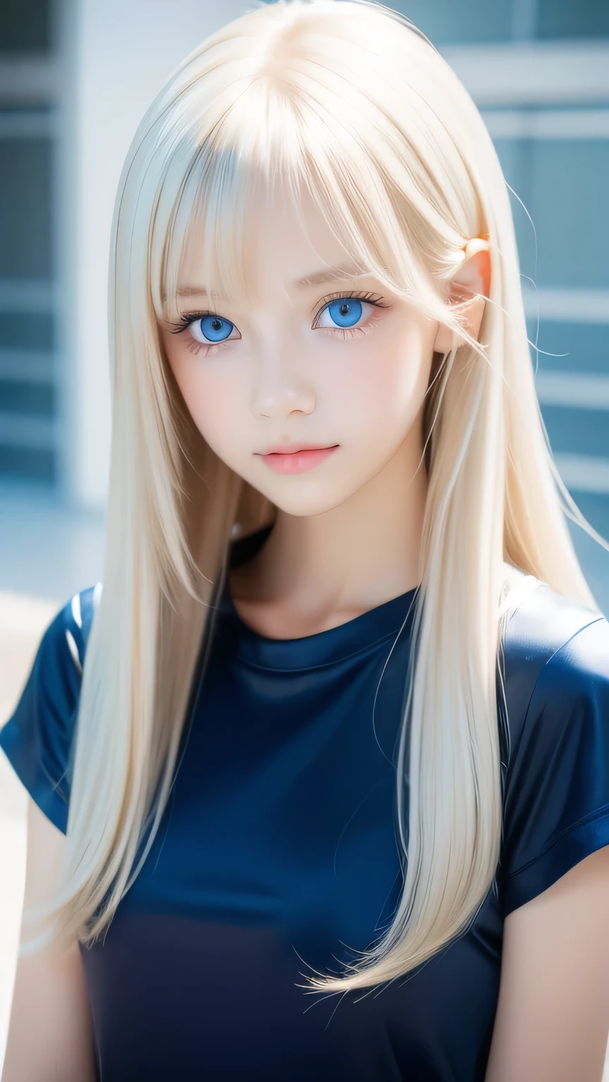 Unparalleled beauty, Firm and radiant skin, Bangs between the eyes, Beautiful shiny straight platinum blonde, Super long, straight, silky hair, eyeliner, Sexy beautiful innocent , High resolution big beautiful bright blue eyes, Beautiful and lovely girl, Baby Face, Sve shirt、