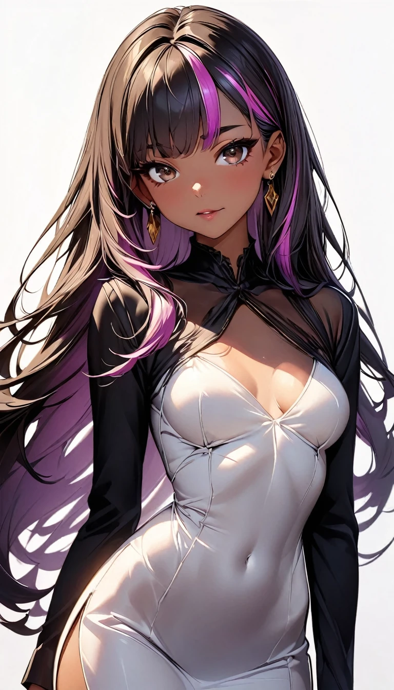 (highest quality:1.2, Very detailed, up to date, Vibrant, Ultra-high resolution, High Contrast, masterpiece:1.2, highest quality, Best aesthetics), Portraiture、girl、((25-years-old:1)), black Hourglass line dress, Bright colors、Beautiful fine details、Beautiful lip detail, long hair、black and purple ((streaked hair:1.6)), highlights hair: 1.5, brown eyes, gold earrings, ((slim body:1.4)), (small breast:0.7), (dark skin:0.5)), standing, Front facing, (No background:1.4), ((Plain white background:1.3)), (cowboy shot:1.5), look at viewer