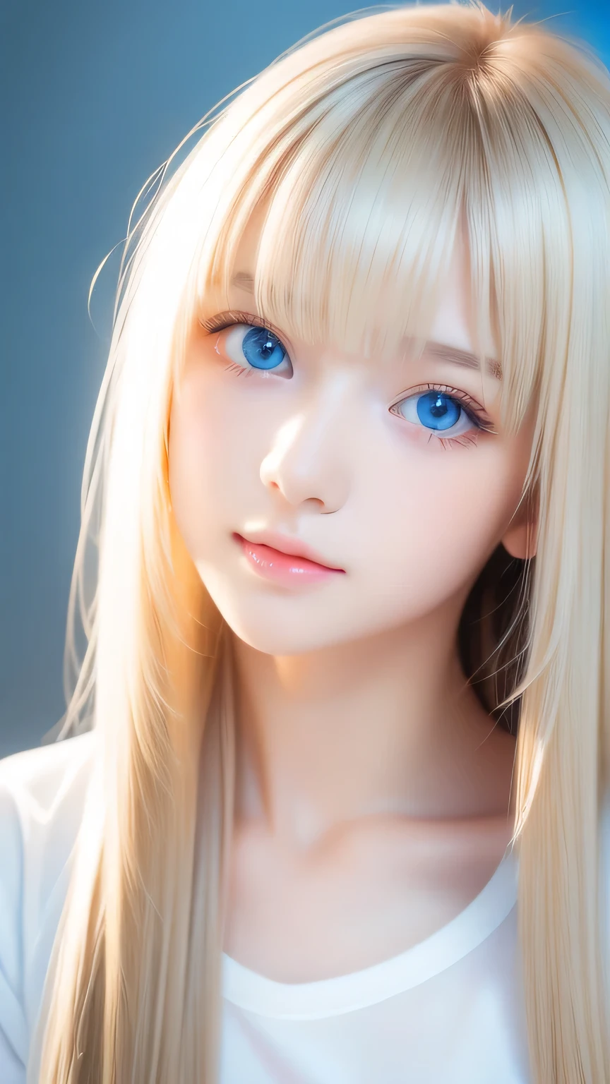 Unparalleled beauty, Firm and radiant skin, Bangs between the eyes, Beautiful shiny straight platinum blonde, Super long, straight, silky hair, eyeliner, Sexy beautiful innocent 14 years old, High resolution big beautiful bright blue eyes, Beautiful and lovely girl, Baby Face, Short sleeve shirt、