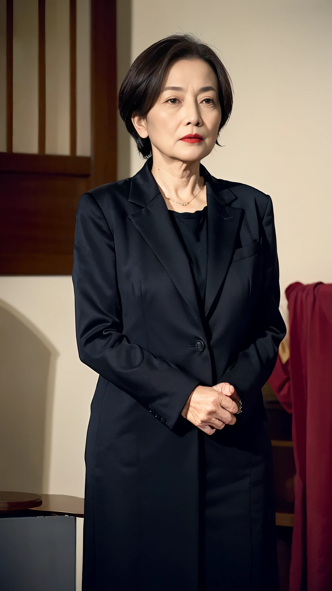 masterpiece, ((Great Focus)), 32K, Beautiful finish, Beautiful mature woman, 65-year-old woman, Photo of your ID, director, View from the front, A disdainful look, Cool look, Red lips, Thin lips, suit, Light from the front,
