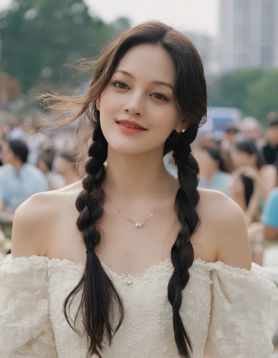 xxmixgirl, quite a bit body of a beautiful long and slender cute face Japanese girl, A gorgeous young cute asian woman in a sexy glamourous outfit, happy smiling, still from the film, ((young Marion Cotillard face : 1.2)), ((young Anne Hathaway face: 1.0)), from front, realistic portrait photo of a cute 21 years old girl, looks at viewer, wavy nose, full lips, natural skin, skin moles,(cinematic, film grain:1.1), ((asian winged eyes, very long and slender slim face, windy tousled, very long straight black hair)), pretty eyes, gorgeous, sexy, alluring, makeup, perfect face, seductive look, A fashion show in wedding costume, short white lace dress, white lace stockings, white high heel sandals, white corset, blonde hair in braids, 4K, Fashion show situation , a virtual audiences, futuristic colour, place, (Leica SL3, Summicron-SL 75 f/2 ASPH, kodak Ektar 200 film), hands up, bokeh, silhouette, shallowed depth of field, dynamic action pose, hands up,