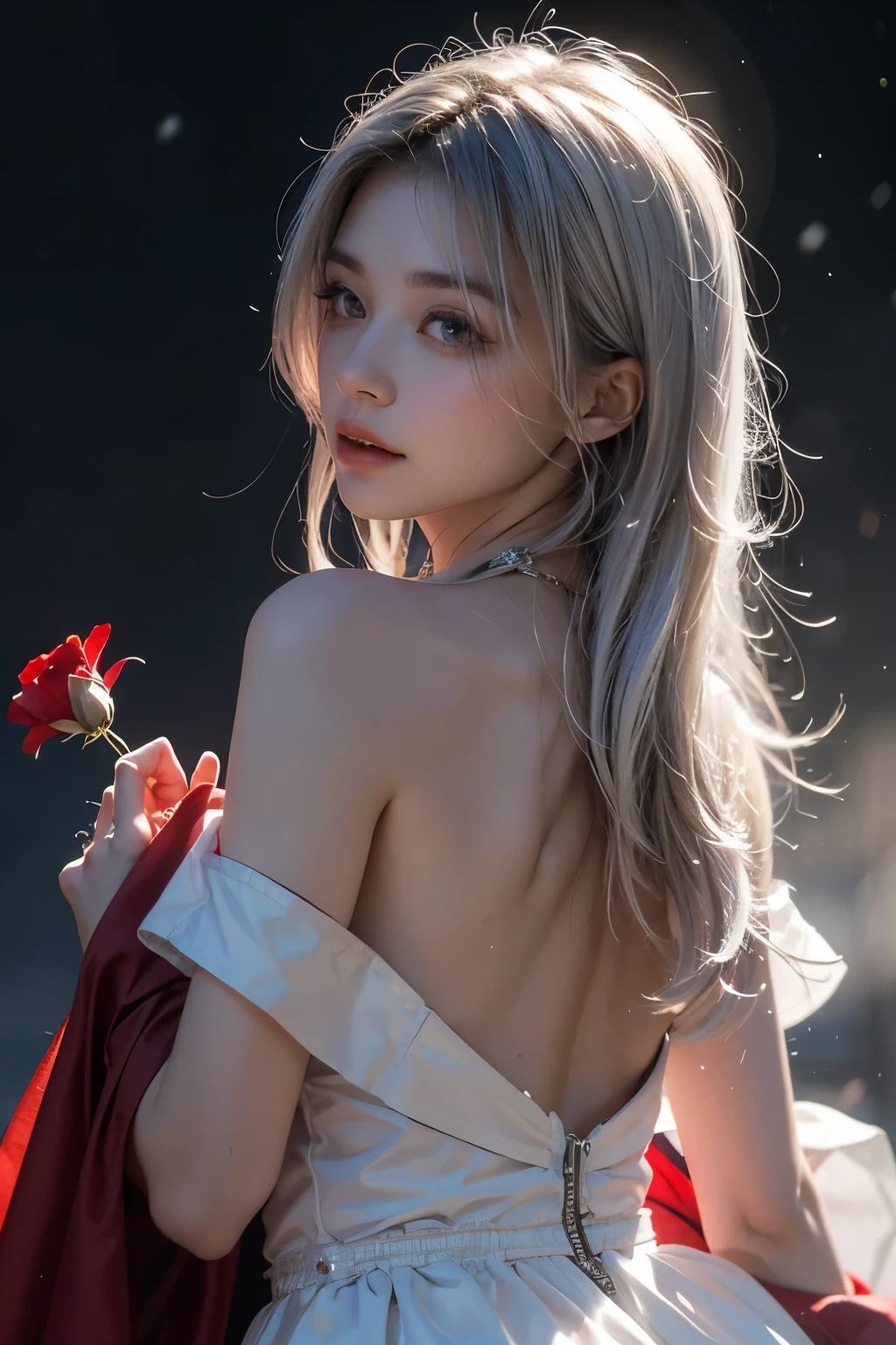 1girl,solo,1girl,solo,((beautiful detailed eyes)), (detailed light),depth of field,(white hair),silver eyes,hair over one eye,(red flower ), hair flower,long hair,black cloak,Wet,emotionless,looking back,night,starfall,raining,fog,red flowers falling,sketch,upper body,intense shadows,Beautiful nipples,Are thin,Snow flurries danced sparsely in the sky.,