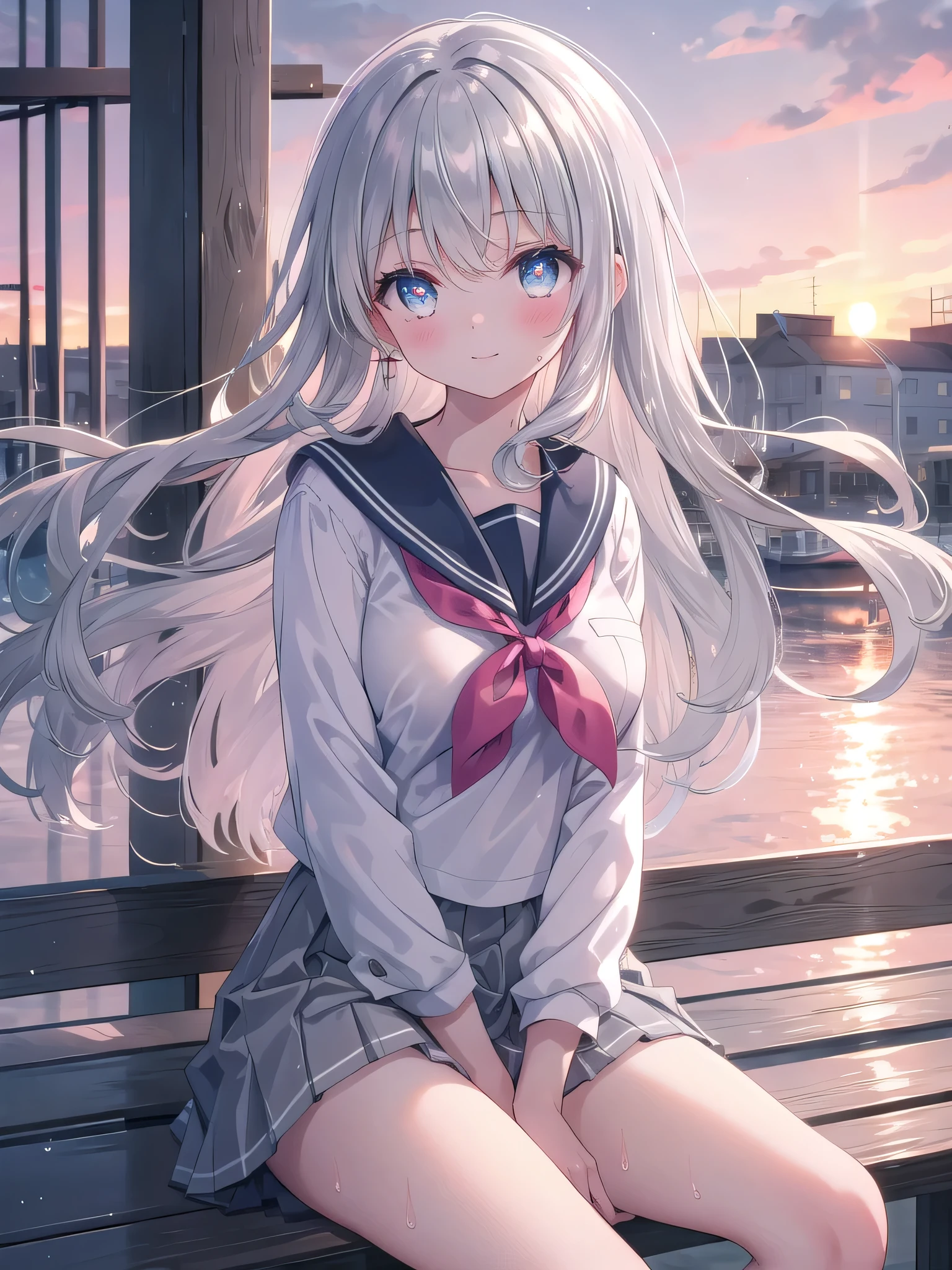 (8K, Highest Quality, Best:1.3)), Ultra High Resolution, (1 girl, 1 person), (Color changing eyes, Super detailed, Expressive glow, Sparkling, Glowing eyes), High definition eyes, High definition face, Random hair, (Silver gray color), "Sailor suit woman exposing her underwear". The background is the rooftop of a school, with the sky spreading, fences and benches. After school, the light of the sunset softly illuminates the woman's figure. The woman is sitting with her silver hair spread and her legs spread. She is wearing a white and navy sailor suit with a large opening at the chest. The chest of the sailor suit is exposed and emphasized, and a cute pale pink bra is visible underneath. The bra has a frill and ribbon design. The skirt of the sailor suit is slightly lifted, and the skirt above the knees is fluttering in the wind. Her wet panties are exposed. Her expression is a relaxed smile with a slight blush. The warm light of the sunset softly illuminates her skin, adding a mysterious glow to the whole expression.