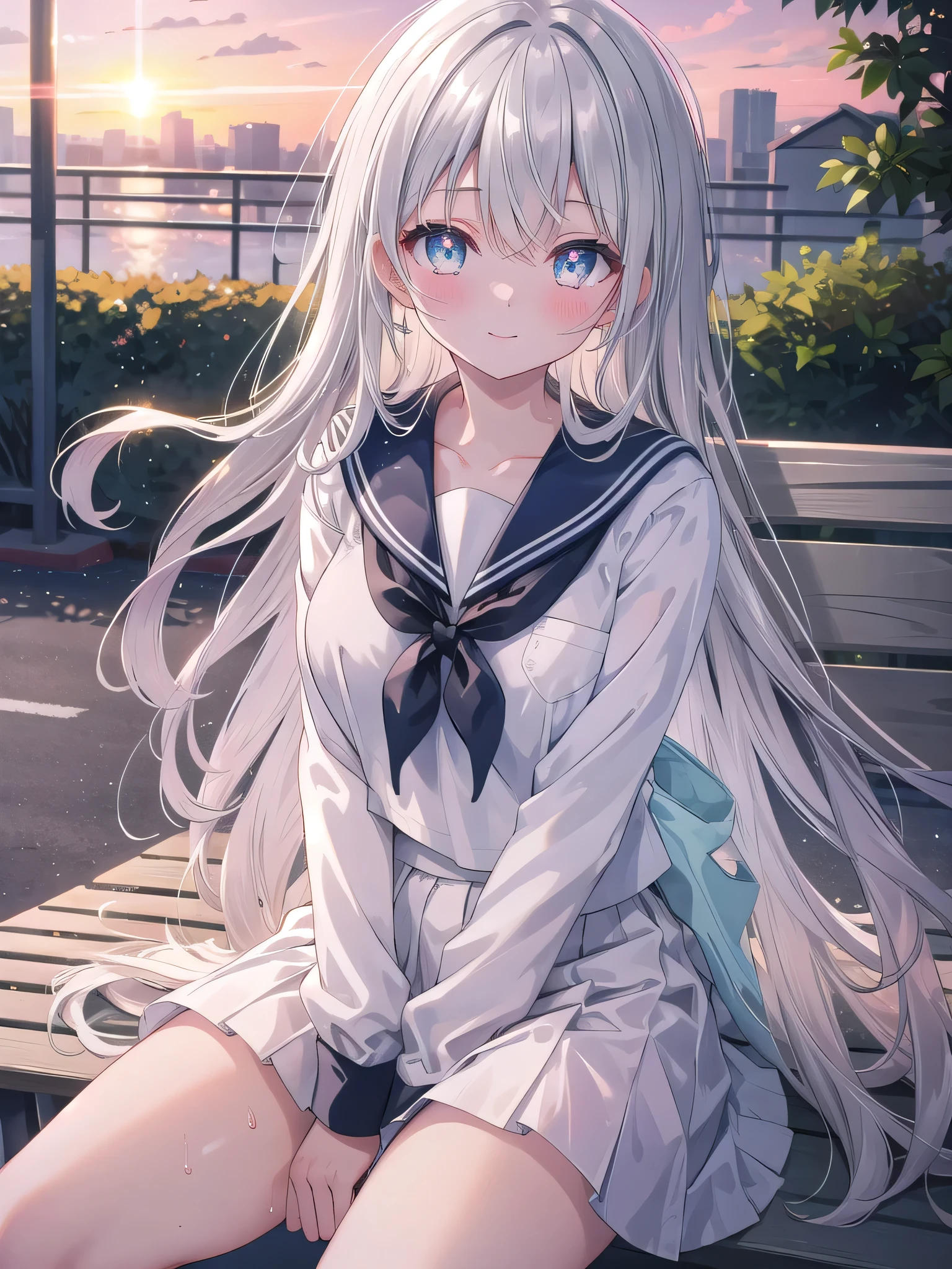 (8K, Highest Quality, Best:1.3)), Ultra High Resolution, (1 girl, 1 person), (Color changing eyes, Super detailed, Expressive glow, Sparkling, Glowing eyes), High definition eyes, High definition face, Random hair, (Silver gray color), "Sailor suit woman exposing her underwear". The background is the rooftop of a school, with the sky spreading, fences and benches. After school, the light of the sunset softly illuminates the woman's figure. The woman is sitting with her silver hair spread and her legs spread. She is wearing a white and navy sailor suit with a large opening at the chest. The chest of the sailor suit is exposed and emphasized, and a cute pale pink bra is visible underneath. The bra has a frill and ribbon design. The skirt of the sailor suit is slightly lifted, and the skirt above the knees is fluttering in the wind. Her wet panties are exposed. Her expression is a relaxed smile with a slight blush. The warm light of the sunset softly illuminates her skin, adding a mysterious glow to the whole expression.