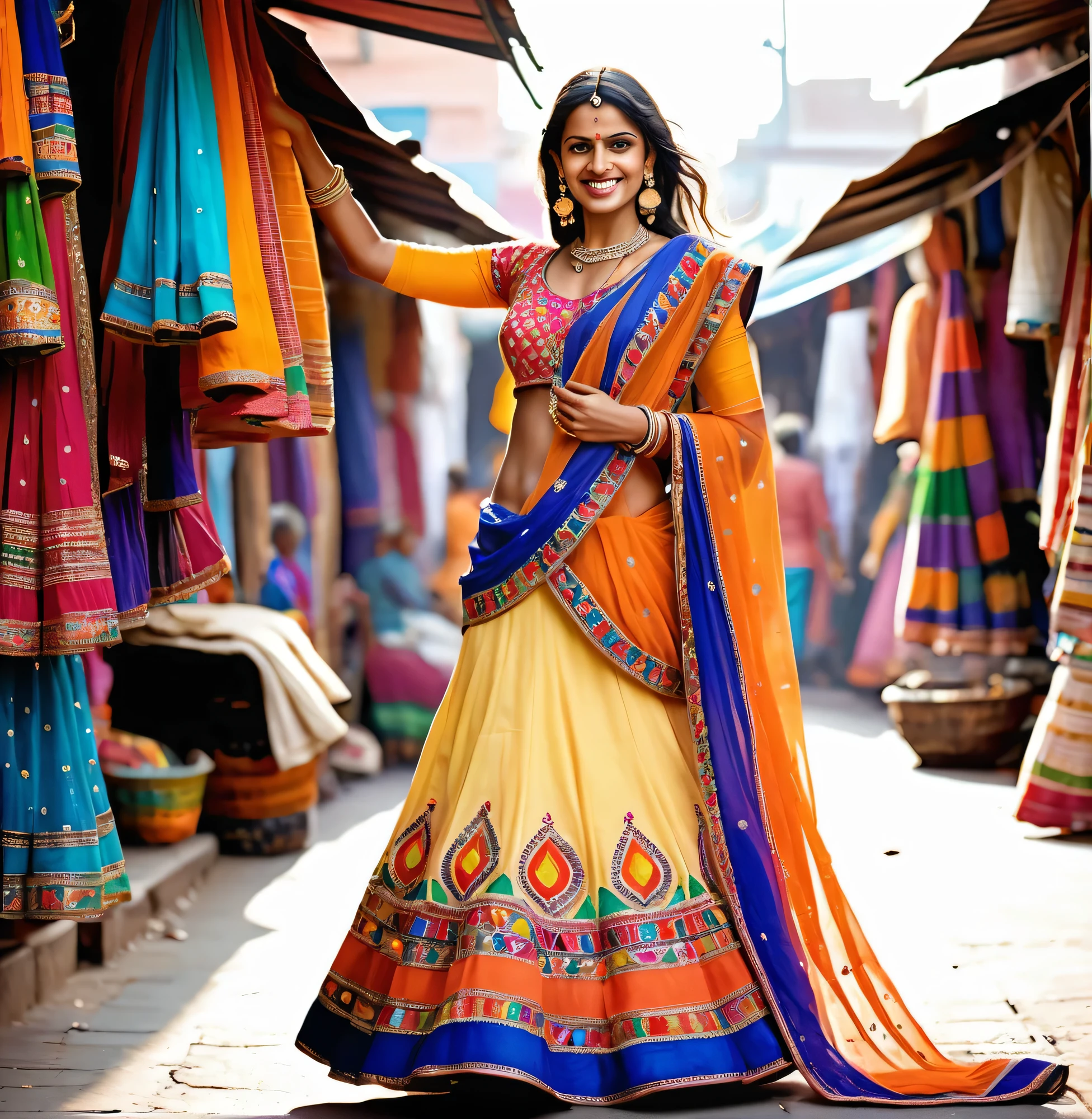 26 years old North Indian lady in classic India attire, dressed in a vibrant lehenga choli with elaborate mirror work and colorful embroidery, set against the backdrop of a bustling market street with vivid textiles and lively stalls, the atmosphere is festive and energetic, radiating joy and cultural vibrancy, Illustration, watercolor painting with vibrant hues to capture the lively ambiance,