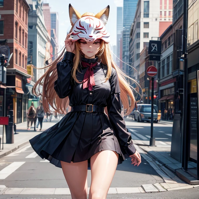 A woman in a wearing a fox mask
