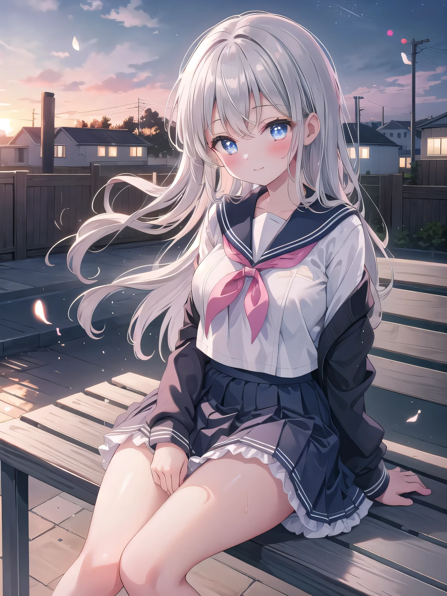 (8K, Highest Quality, Best:1.3)), Ultra High Resolution, (1 girl, 1 person), (Color changing eyes, Super detailed, Expressive glow, Sparkling, Glowing eyes), High definition eyes, High definition face, Random hair, (Silver gray color), "Sailor suit woman exposing her underwear". The background is the rooftop of a school, with the sky spreading, fences and benches. After school, the light of the sunset softly illuminates the woman's figure. The woman is sitting with her silver hair spread and her legs spread. She is wearing a white and navy sailor suit with a large opening at the chest. The chest of the sailor suit is exposed and emphasized, and a cute pale pink bra is visible underneath. The bra has a frill and ribbon design. The skirt of the sailor suit is slightly lifted, and the skirt above the knees is fluttering in the wind. Her wet panties are exposed. Her expression is a relaxed smile with a slight blush. The warm light of the sunset softly illuminates her skin, adding a mysterious glow to the whole expression.