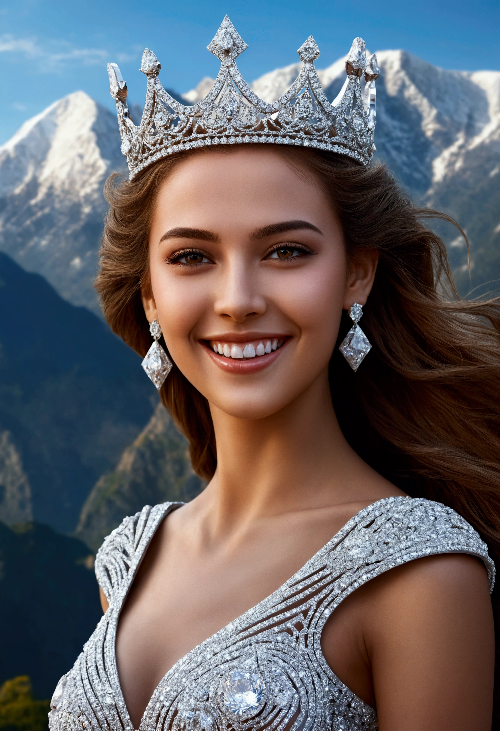 Hyper realistic faces, an extremely beautiful woman with a mountain in the background that penetrates the beautiful girl's full body, charming smile, realistic white teeth, diamond crown, beautiful surreal fantasy art, beautiful digital art, breathtaking digital art, beautiful surreal young woman, stunning digital art, matte painting of the human mind, masterpiece, close up full body, super sharp, vivids, UHD, 18K