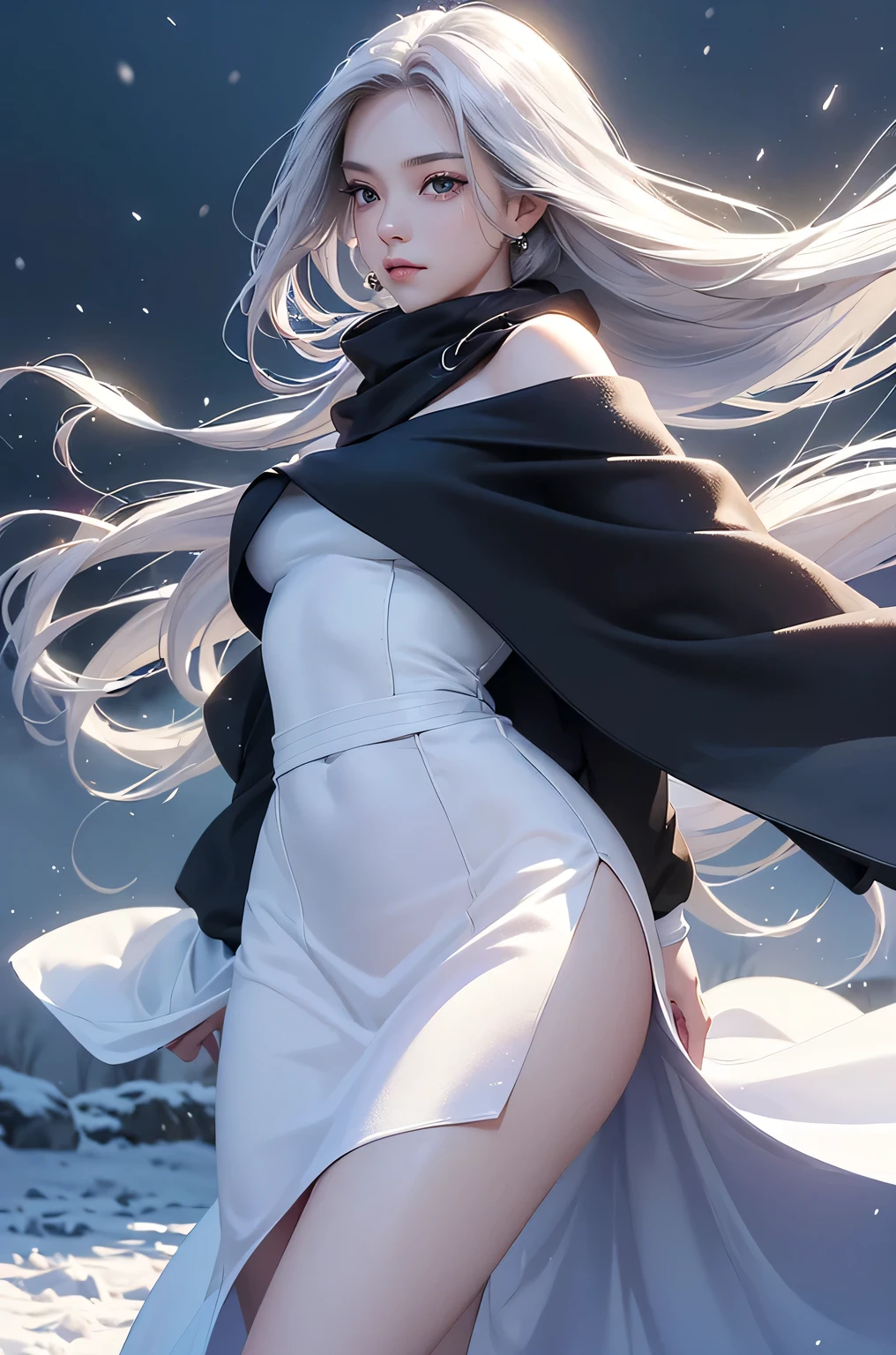 ((masterpiece:1.5、8k、Portraiture、Photorealistic and very detailed CG、Very detailed、Particle Effects、Dynamic Effects、Shallow depth of field、Cinematic Light、Lens flare、Ray Tracing、Tabletop、Realistic:1.4、Ultra-high resolution:1.2、Realistic、Realistic))((alone、,A woman wearing a cashmere coat over an off-the-shoulder dress:1.4、wear a long scarf、Elegant woman posing、Detailed face、brightexpression、young, bright, Whiter skin、Ample breasts、Best Looks、Ultimate beauty、Shiny silver hair with highlights、bright and shiny hair,、Super long, Silky straight hair、Hair dancing in the wind))(morning、The setting is outdoors in the snow、Surrounded by illuminations)