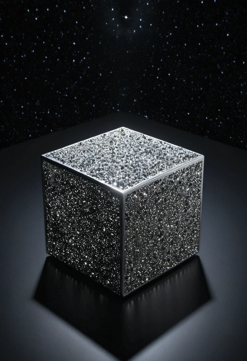 A silver metal cube in a void of darkness with a cloud of stars in the distance