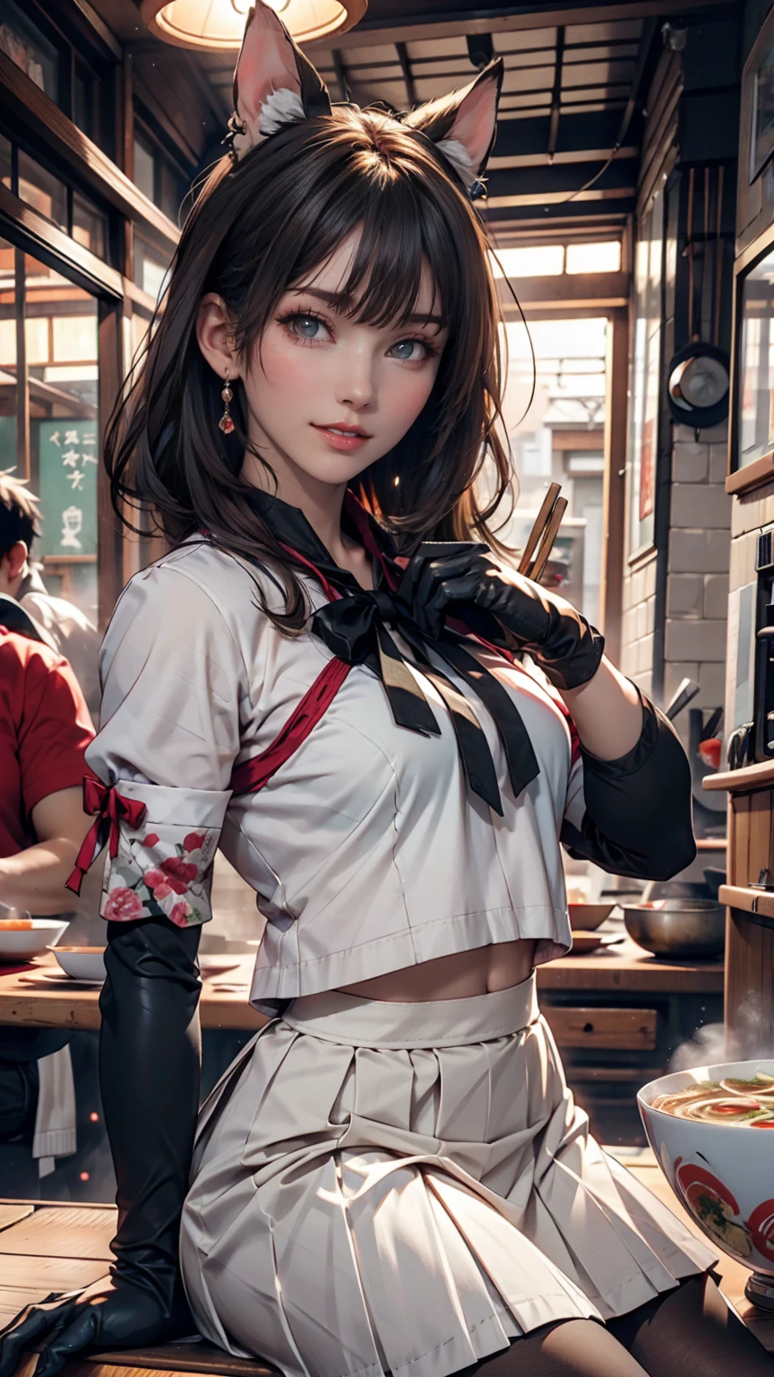 masterpiece, Highest quality, Seductive pose, Full-body wide-angle, smile, (Sitting:1.1) ,Ichiraku Ramen, (Eat ramen:1.0), Holding chopsticks and a ramen bowl, Sip the noodles,, Silence Suzuka (umamusume), Black gloves, White Skirt, Pleated skirt, Black Pantyhose, Layered sleeves, puffy short sleeve, Short or long sleeves, Black Bow, festival,