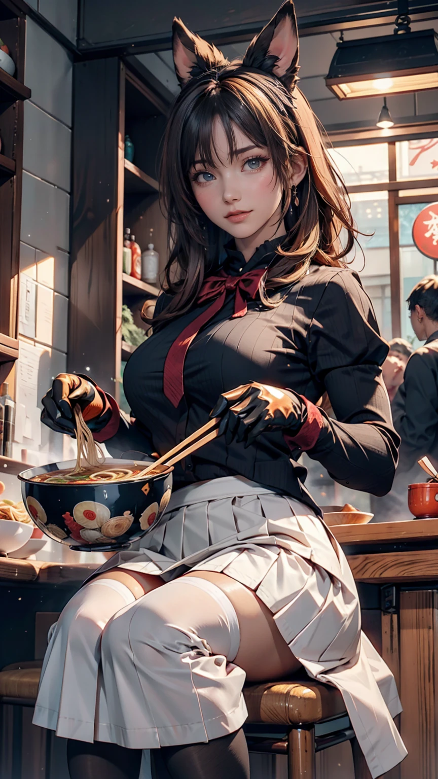 masterpiece, Highest quality, Seductive pose, Full-body wide-angle, smile, (Sitting:1.1) ,Ichiraku Ramen, (Eat ramen:1.0), Holding chopsticks and a ramen bowl, Sip the noodles,, Silence Suzuka (umamusume), Black gloves, White Skirt, Pleated skirt, Black Pantyhose, Layered sleeves, puffy short sleeve, Short or long sleeves, Black Bow, festival,