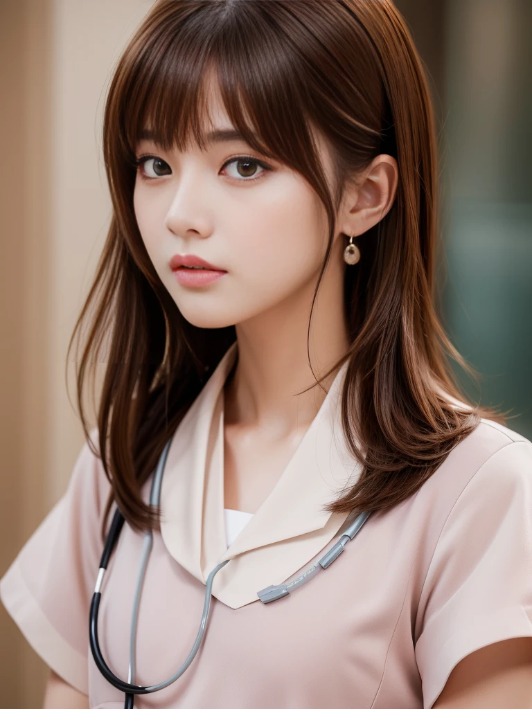 Ultra-high resolution, Superior Quality, Highest quality, Super detailed, Realistic, 8k, RAW Photos, Highest quality, masterpiece, Attractive girl, A wonderful girl, Brown Hair, Shoulder-length layered, Asymmetrical bangs, K-Pop Idols, Sophisticated, stylish, nurse,