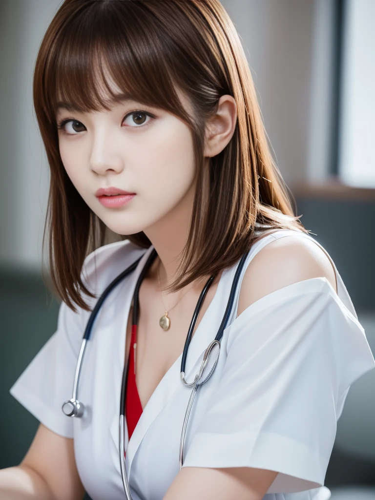 Ultra-high resolution, Superior Quality, Highest quality, Super detailed, Realistic, 8k, RAW Photos, Highest quality, masterpiece, Attractive girl, A wonderful girl, Brown Hair, Shoulder-length layered, Asymmetrical bangs, K-Pop Idols, Sophisticated, stylish, nurse,