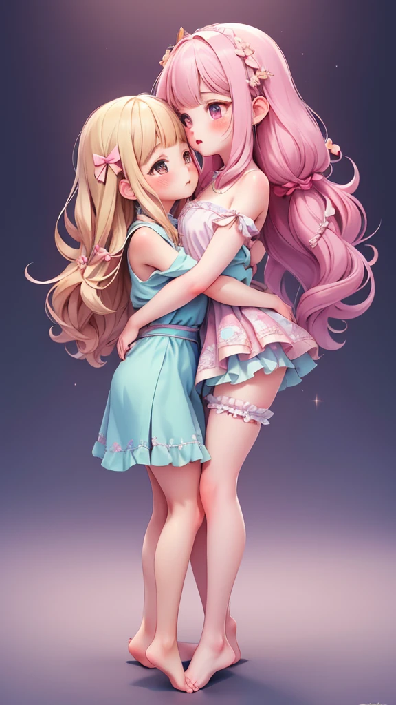 ((petite bishojo, 2girls)), ((cute face)), ((puffy eyes)), ((masterpiece)), ((best quality)), ((ultra detailed)), (exquisite), (depth), (crisp), (8k), ((beautiful and aesthetic)), (super detailed skin), ((high standard)), ((highres)), (perfect anatomy), (blush), (lipstick), (strap slip), (barefoot), ((yuri, hug for kiss))
