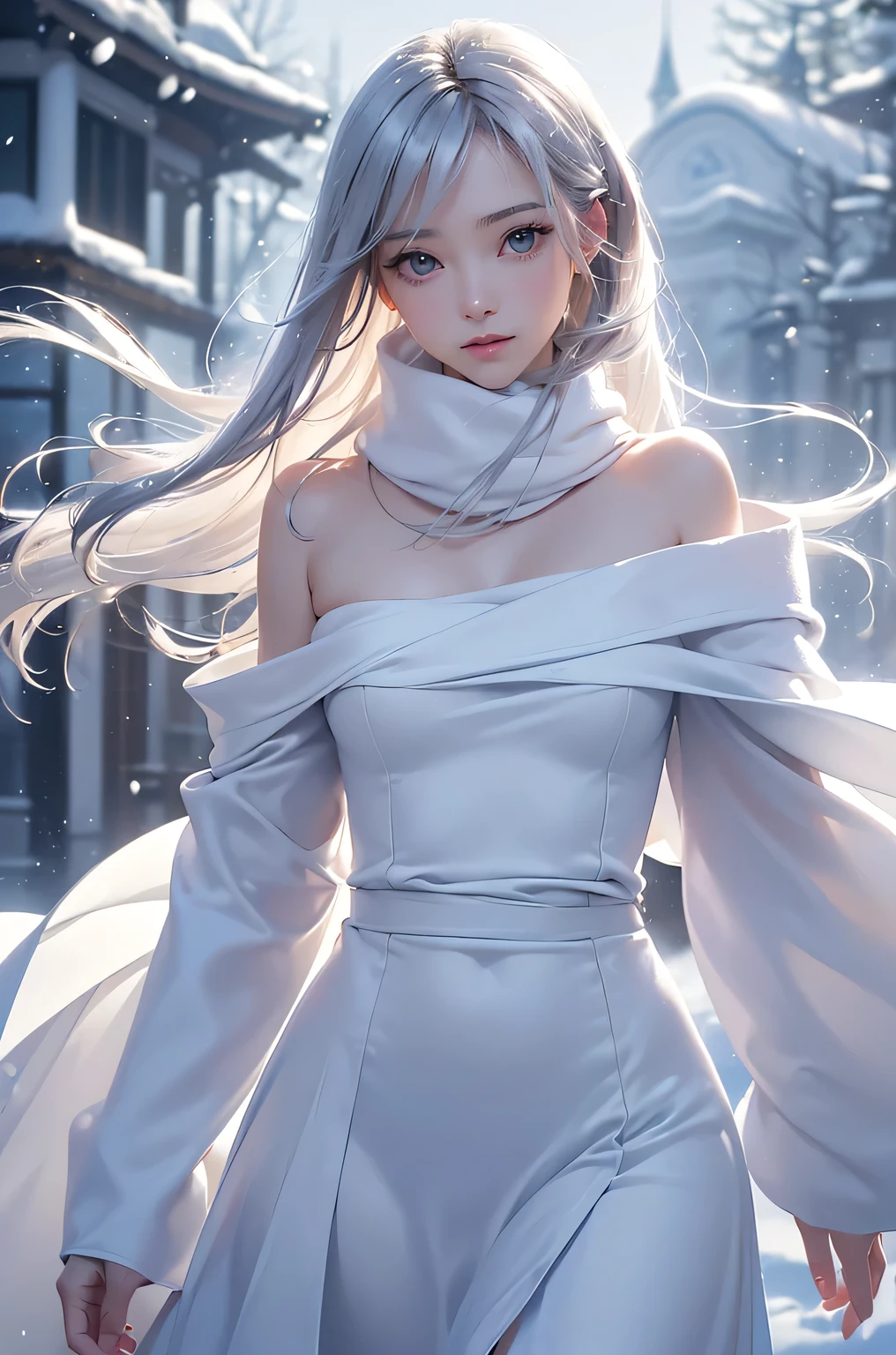 ((masterpiece:1.5、8k、Portraiture、Photorealistic and very detailed CG、Very detailed、Particle Effects、Dynamic Effects、Shallow depth of field、Cinematic Light、Lens flare、Ray Tracing、Tabletop、Realistic:1.4、Ultra-high resolution:1.2、Realistic、Realistic))((alone、,A woman wearing a cashmere coat over an off-the-shoulder dress:1.4、wear a long scarf、Elegant woman posing、Detailed face、brightexpression、young, bright, Whiter skin、Ample breasts、Best Looks、Ultimate beauty、Shiny silver hair with highlights、bright and shiny hair,、Super long, Silky straight hair、Hair dancing in the wind))(morning、The setting is outdoors in the snow、Surrounded by illuminations)