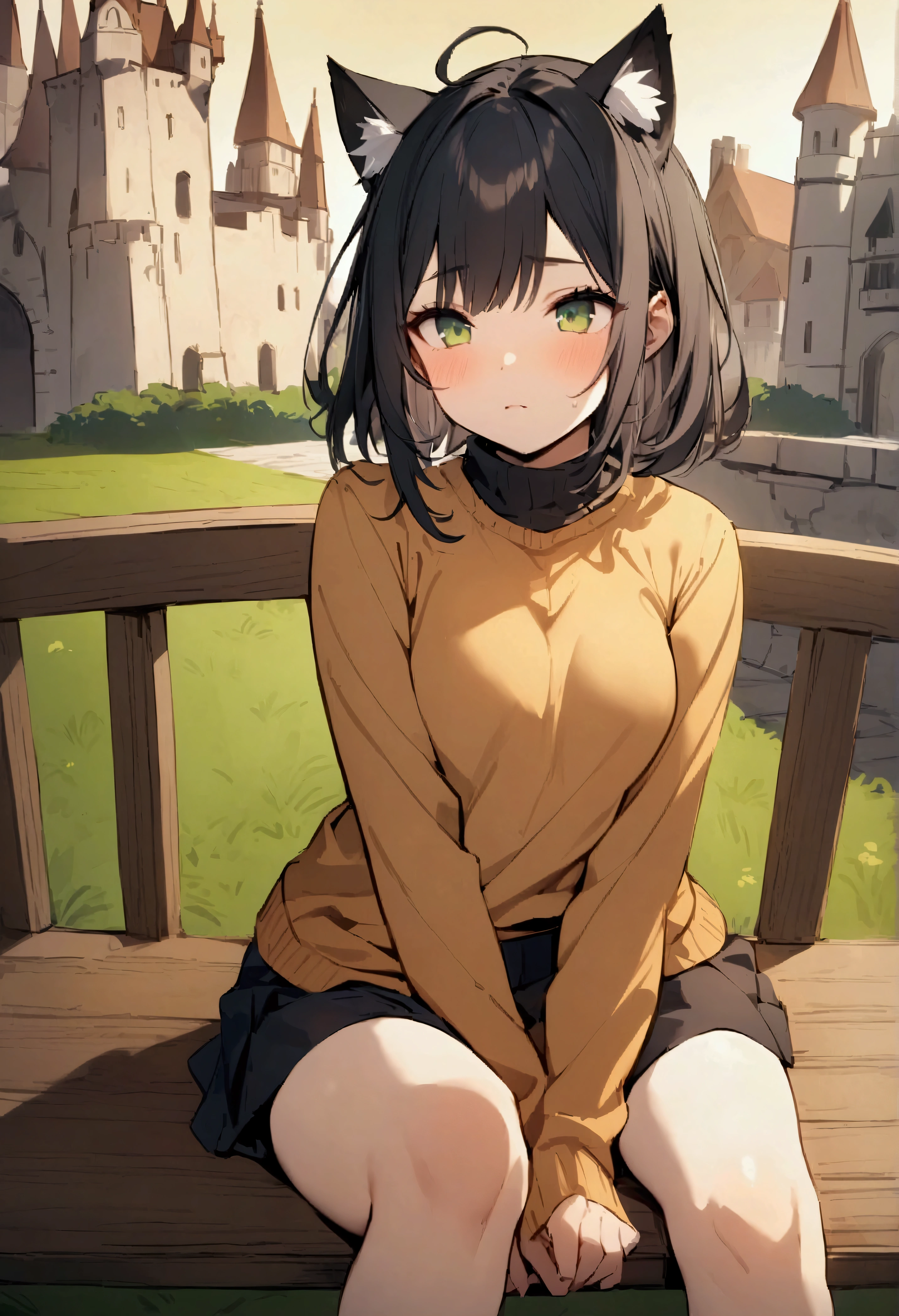 best quality, climax, Cat ears, Black Hair, Castle Background, Green Eyes, Sitting on a bench