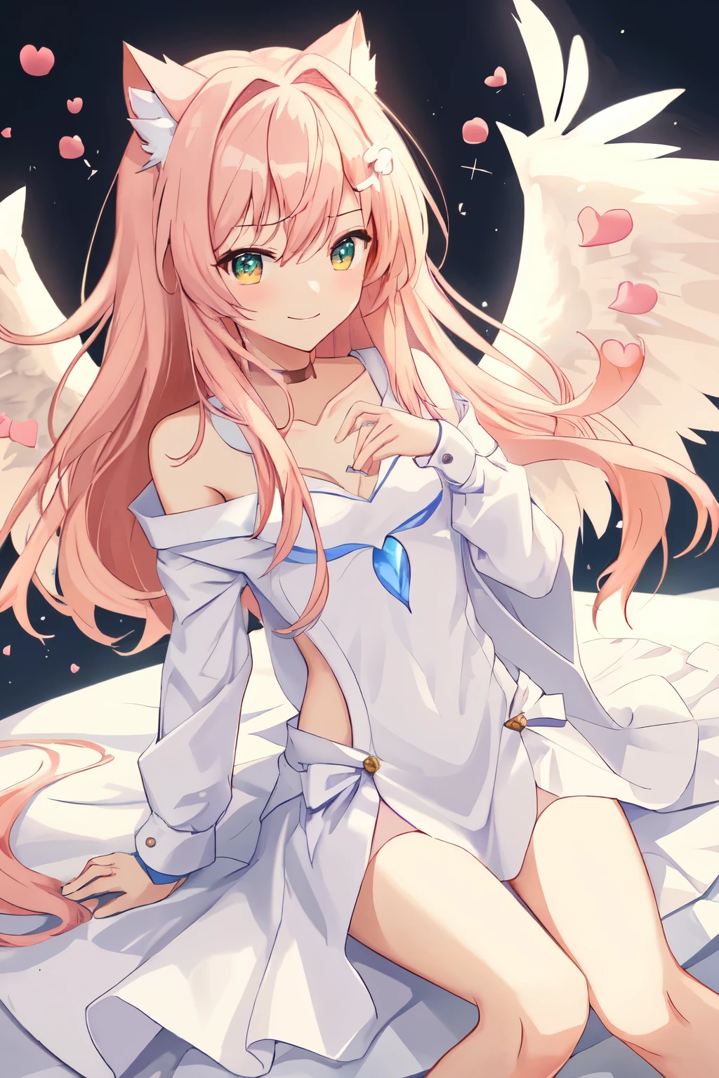 1_girl, (anime, kawai:2), (masterpeice, best_quality, clean:1.5), (sky_background:1.2), (cute, cute_smile, wholesome, young:2), (delicate, extremely_delicate, beautiful, thin:1.8), (girlfriend, angel:2), (green_eyes, simple_eyes:1.8) (long_hair, blond_hair:1.8), (combat:1.2), (wearing_pink_dress, pink_angel_wings:1.6), (tease, combat:1.2), extremely_delicate, (love_magic:1.5), (age_size_fits_body), (small_thighs:1.3), (breasts), (eye_level:1.3), (heart_magic, love:1.8), (warm:1.8), (folded_legs:1.5), (cheerful:1.3)