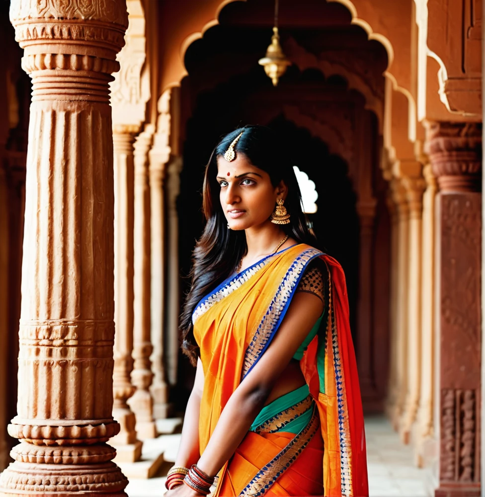 26 years old North Indian lady in classic India attire, wearing a rich brocade sari with detailed embellishments, standing amidst an ancient temple courtyard with grand pillars and sacred carvings, the mood is contemplative and spiritual, highlighting the sacred and historical essence of the setting, Sculpture, detailed marble sculpture emphasizing intricate carvings and textures